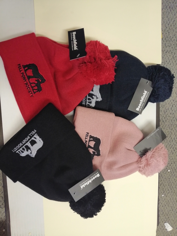 knitted hats with FPS logo and a pompom on top, red,black, navy, pink